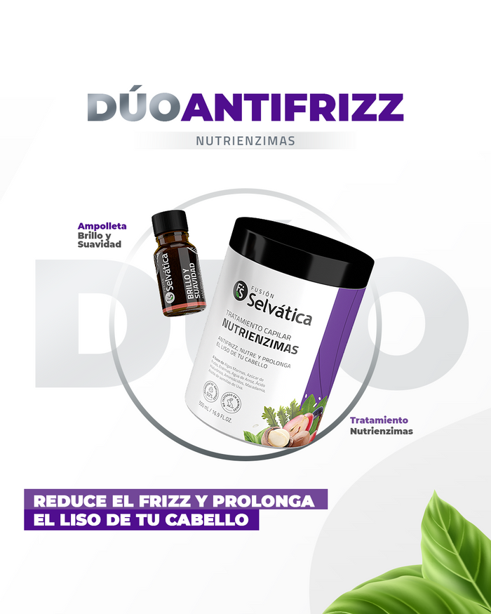 Dúo Capilar ADIOS FRIZZ de Fusión Selvática (Tratamiento de 300ml+Ampolleta de brillo y suavidad)